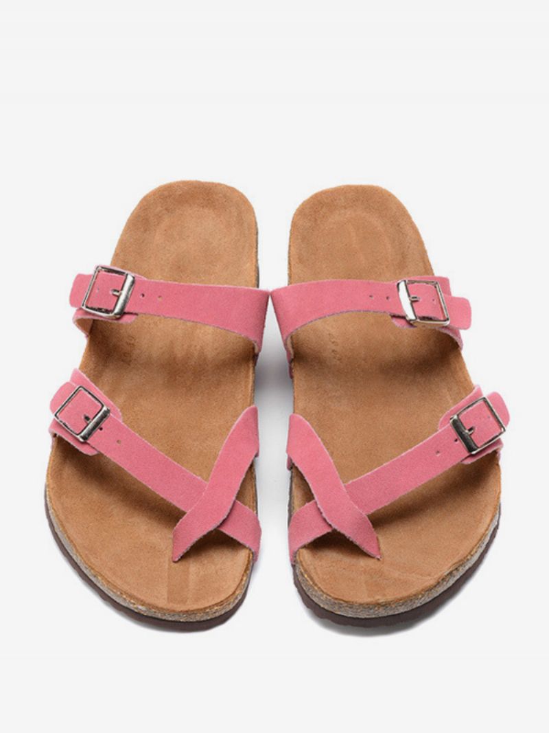 Mænds Sandaler Til Mænd Slip-on Koskind Justerbar Rem Med Spænde Hjemmesko Flade - Pink