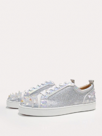 Mænds Sølv Runde Tå Nitter Rhinestone Spike Low Top Slip-on Prom Festsko