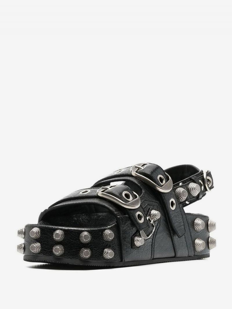 Mænds Sommer Sorte Pu Lædersandaler Spænderem Nitte Punk Metal Decor Udendørs Casual Platform Sko