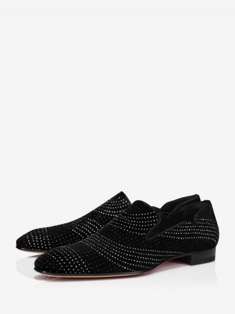 Mænds Sorte Kjole Loafers Ruskind Gliiter Læder Rhinestones Slip On Groom Prom Fest Bryllupssko