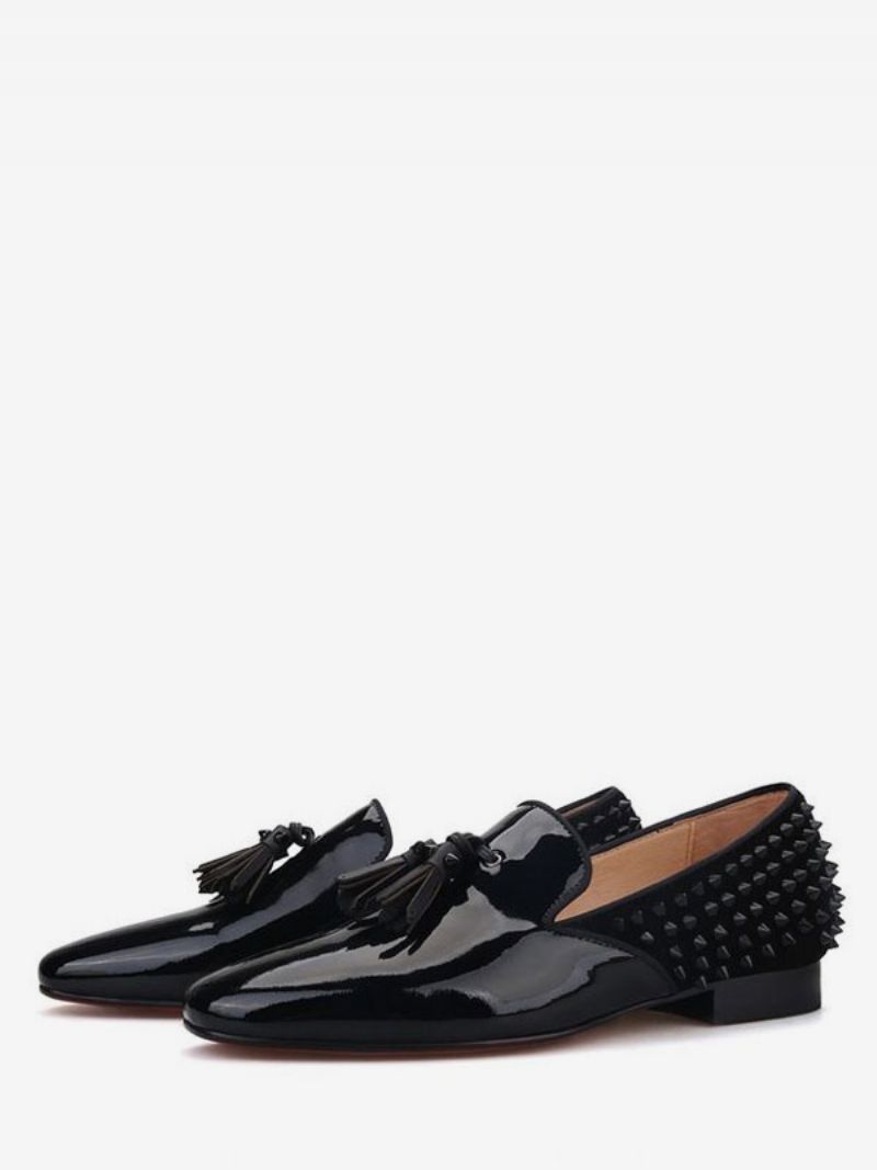 Mænds Sorte Loafers Patent Pu Læder Kvastkjole Slip On Med Ryg Spikes Sort Prom Party Bryllupssko