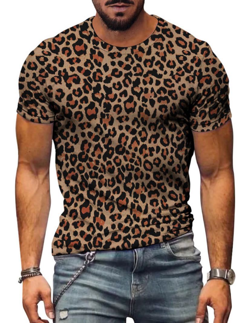 Mænds T-shirts Casual Jewel Neck Leopard Print Korte Ærmer - Kaffe Brun