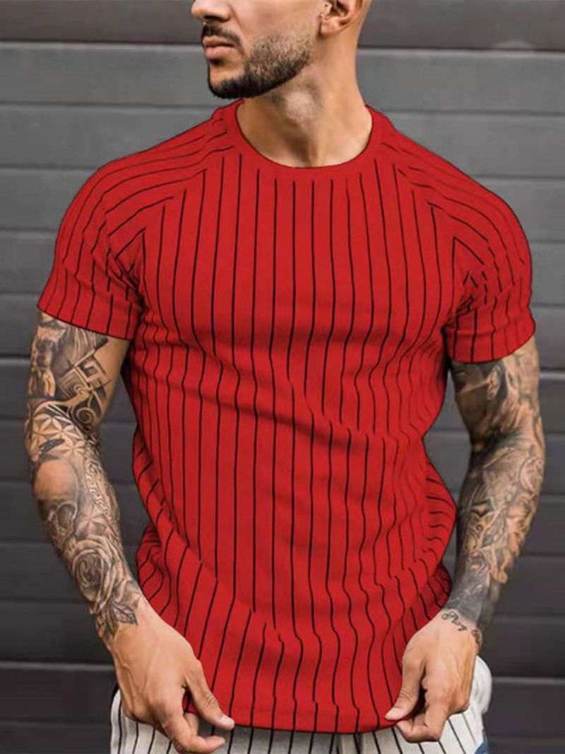 Mænds T-shirts Casual Jewel Neck Stripes Korte Ærmer - Rød