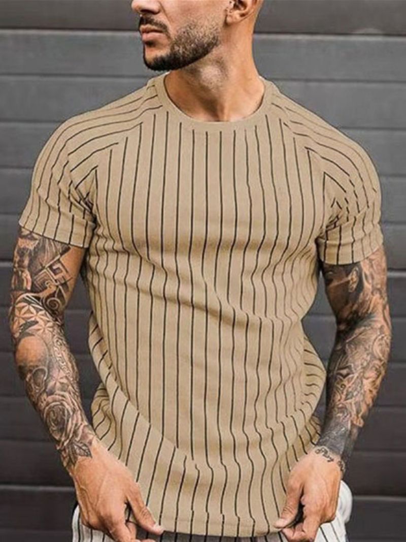 Mænds T-shirts Casual Jewel Neck Stripes Korte Ærmer - Khaki