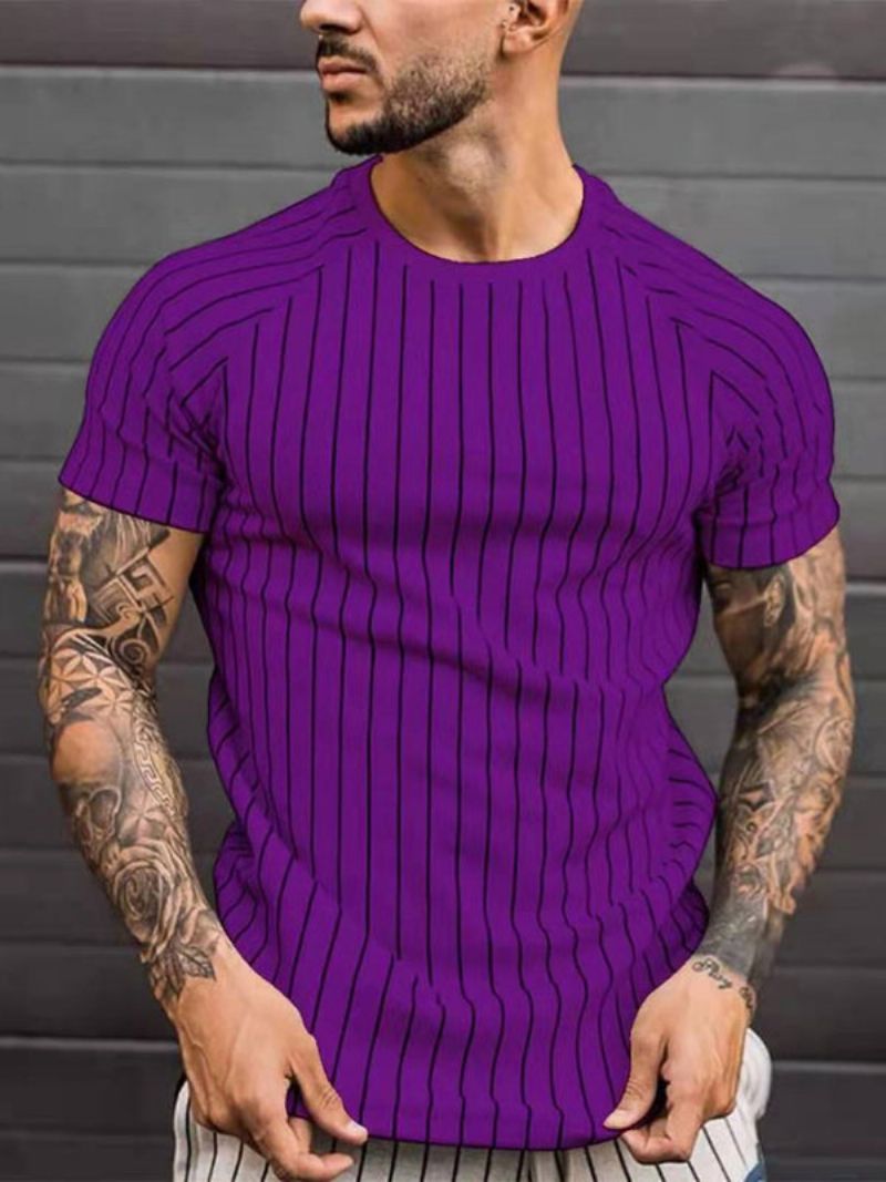 Mænds T-shirts Casual Jewel Neck Stripes Korte Ærmer - Royal Purple