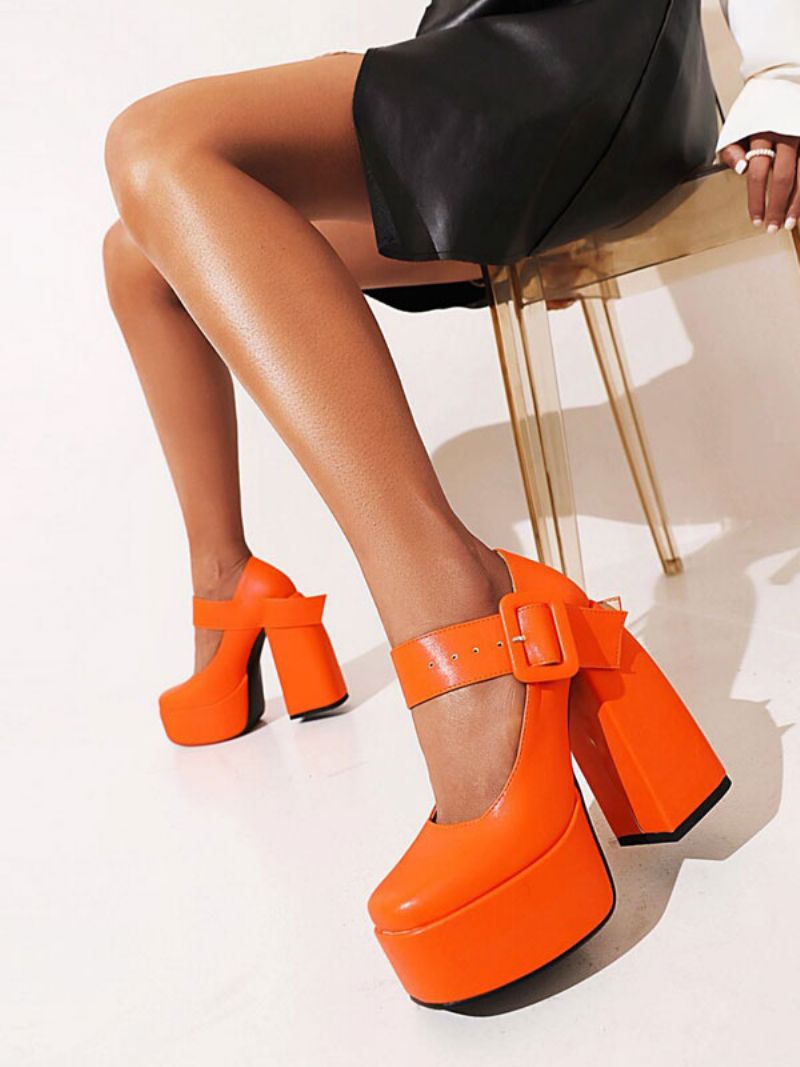 Mary Jane Buckle Platform Chunky Heel Pumps Til Kvinder - Orange