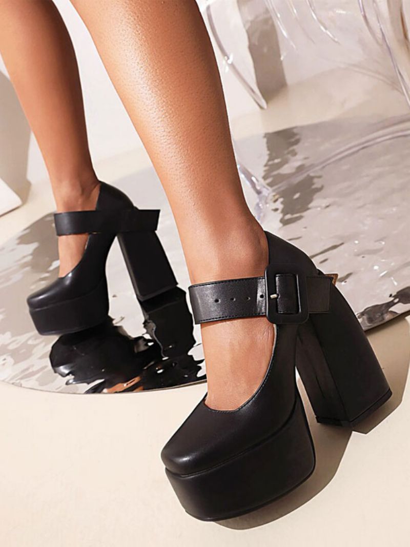 Mary Jane Buckle Platform Chunky Heel Pumps Til Kvinder - Sort