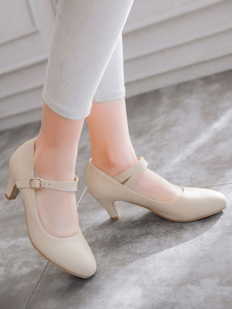 Mellemlave Hæle Til Kvinder Klassisk Rund Tå Hvalpehælrem Justerbar Glamorøs Spænde Hvid Pumps & Heels Vintage Sko - Beige