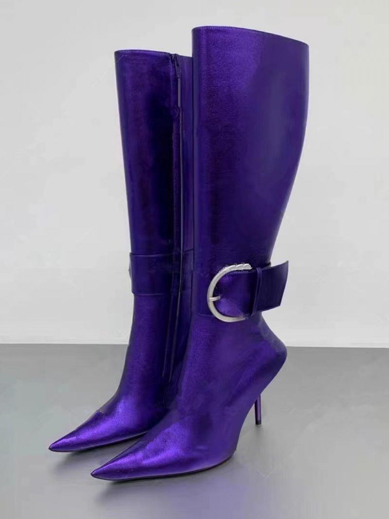 Metallic Mild Calf Støvler Kvinder Lilla Spænde Spidstå Stiletto Hæl - Royal Purple