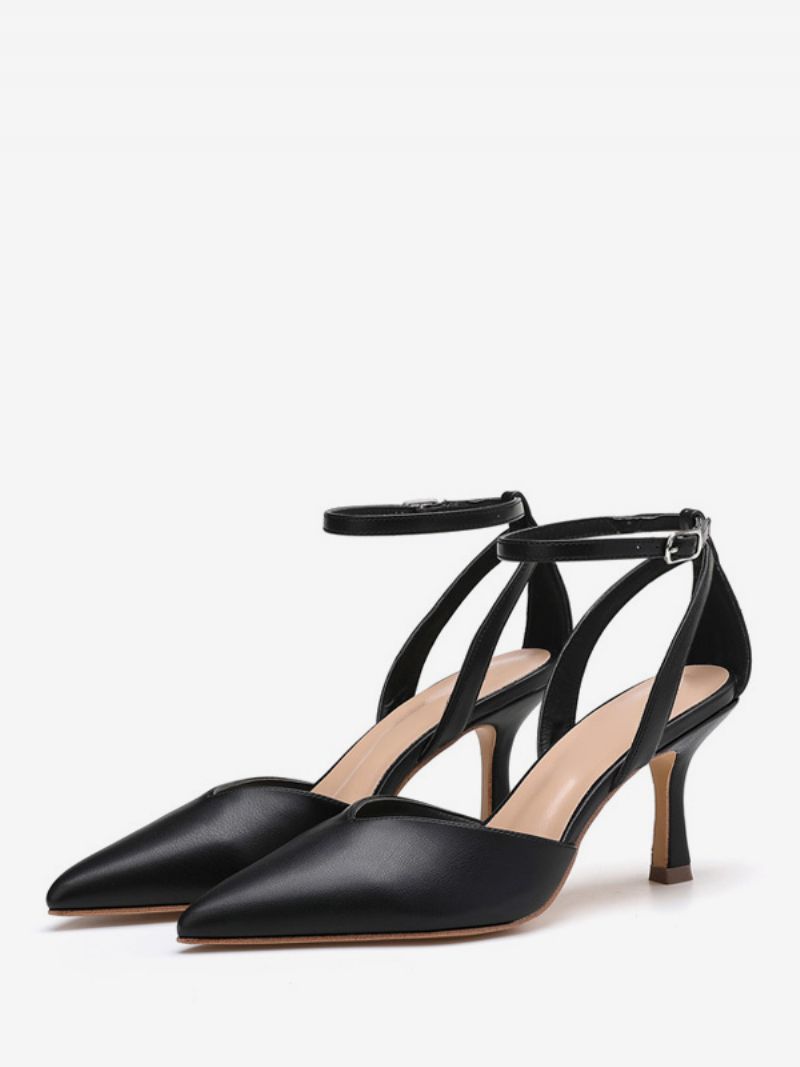 Nøgen Kitten Hæl Pumps Kvinder Spidstå Ankel Strap Pump - Sort