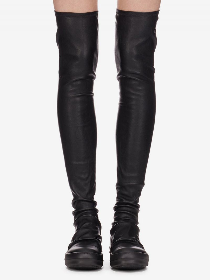 Over Knæet Støvler Kvinder Rund Tåstrømpe Ruched Thigh High Sneakers - Sort