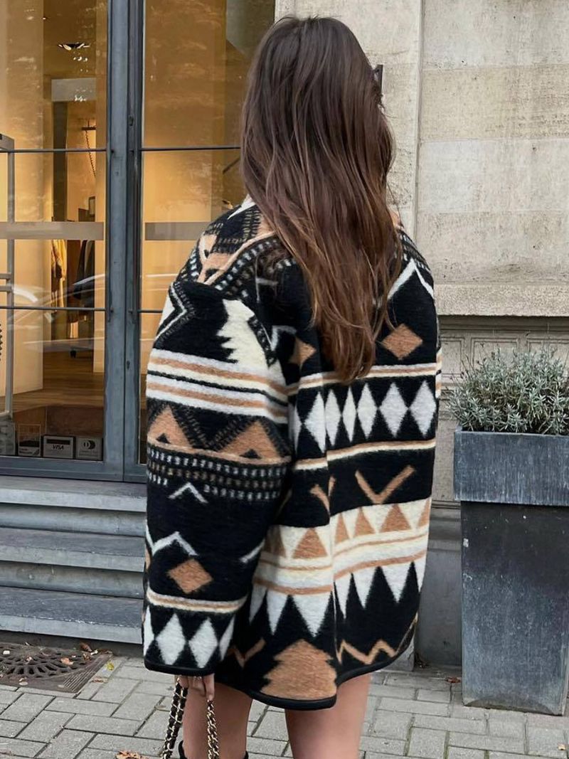 Oversized Aztec Printed Jacket Drop Shoulder Front Buttons Dameovertøj - Sort