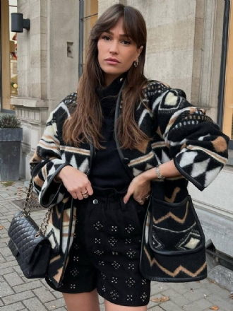 Oversized Aztec Printed Jacket Drop Shoulder Front Buttons Dameovertøj