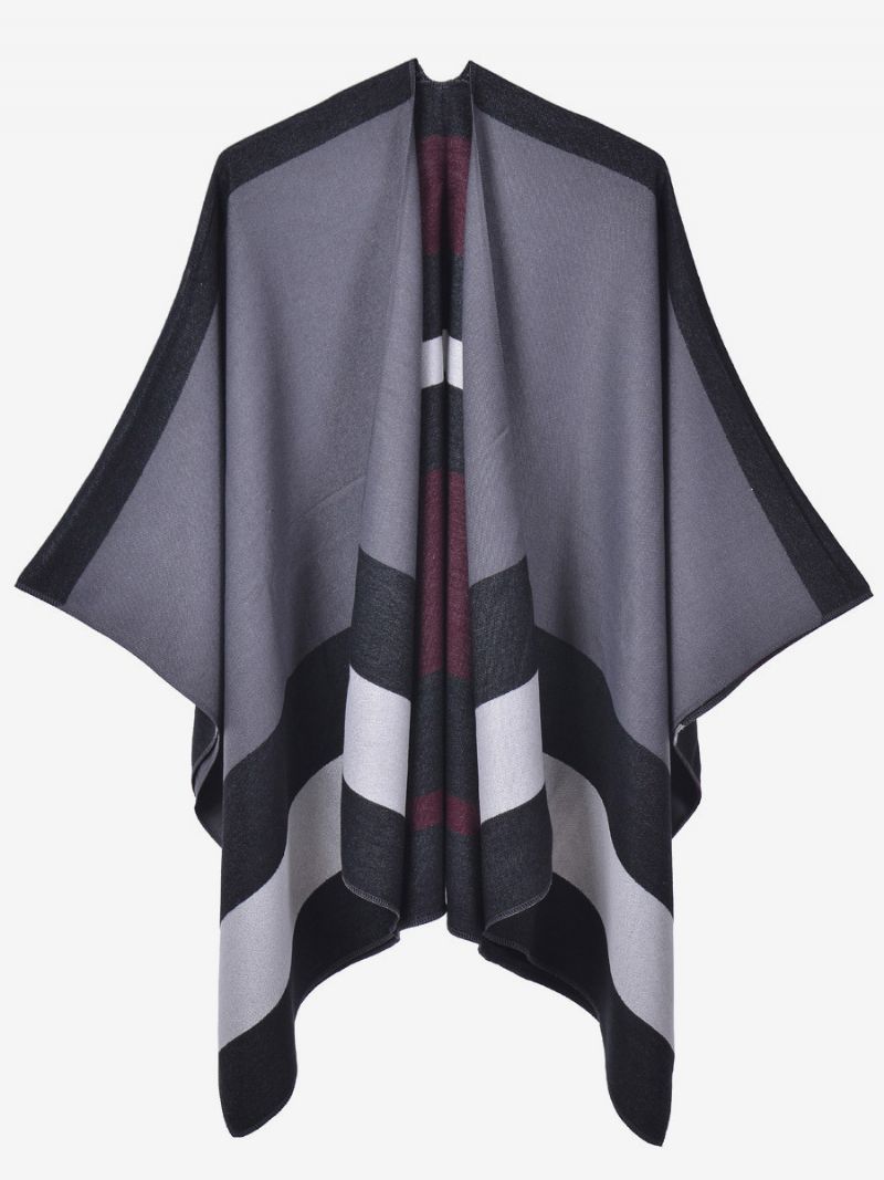 Oversized Kvinder Cape Stripes Color Block Efterår Vinter Poncho - Burgunder