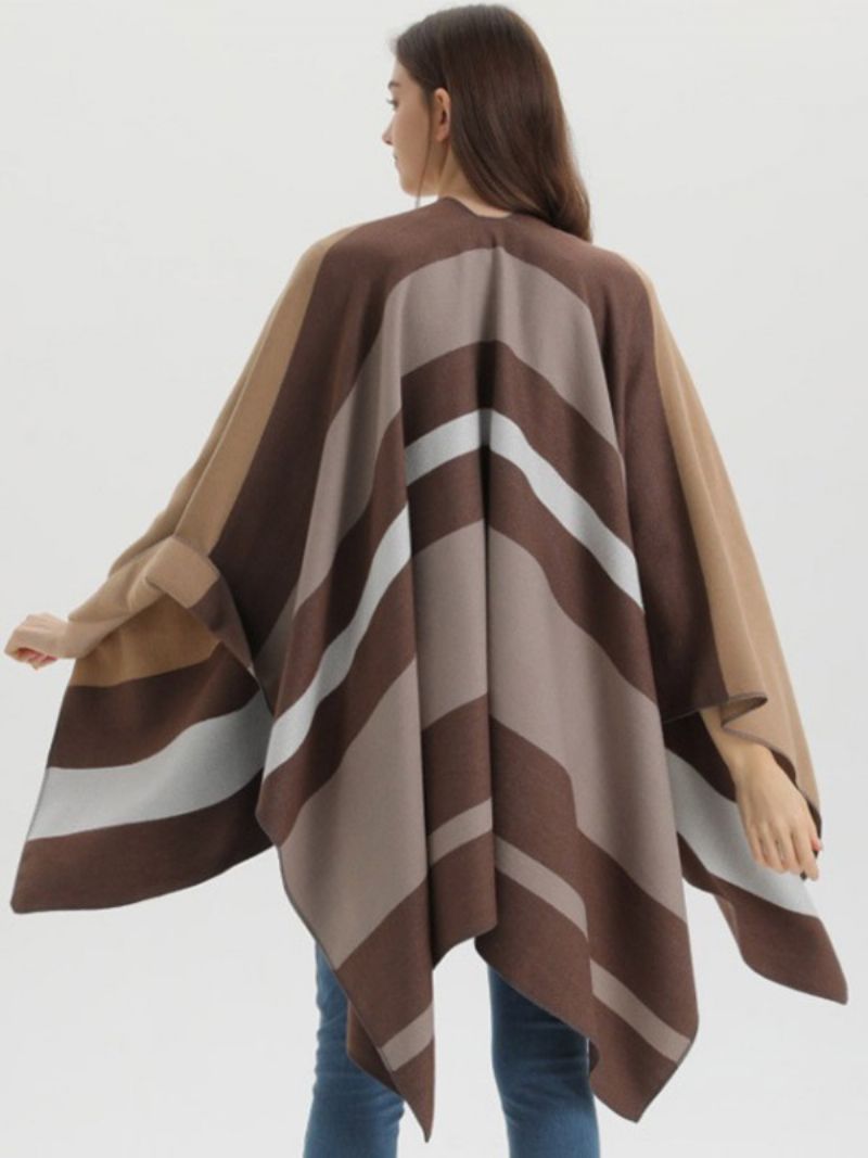 Oversized Kvinder Cape Stripes Color Block Efterår Vinter Poncho - Kaffe Brun