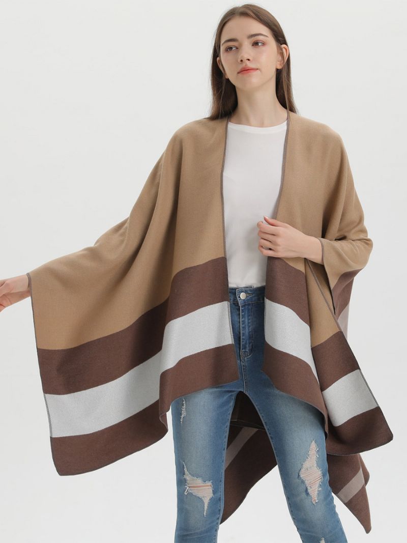 Oversized Kvinder Cape Stripes Color Block Efterår Vinter Poncho - Kaffe Brun