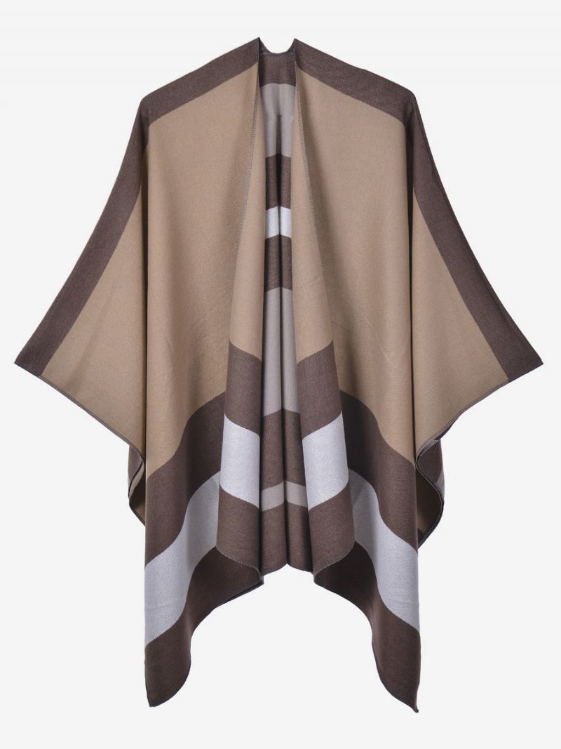 Oversized Kvinder Cape Stripes Color Block Efterår Vinter Poncho - Kaffe Brun