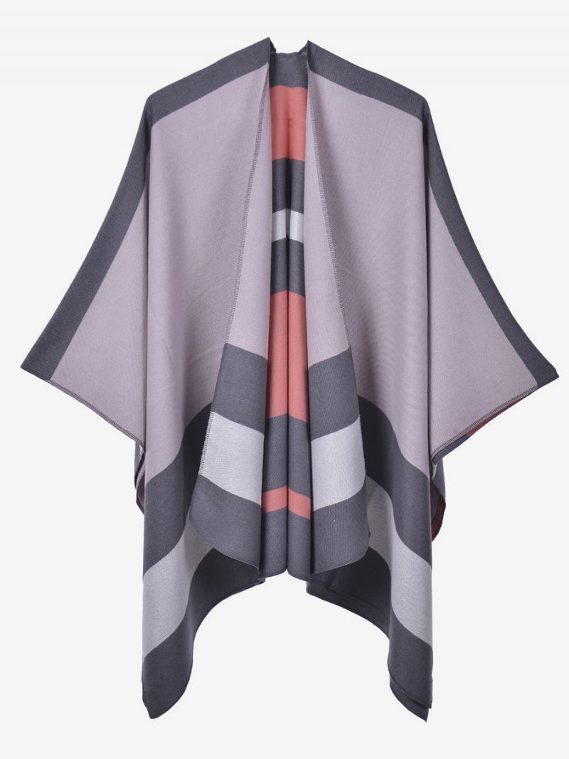 Oversized Kvinder Cape Stripes Color Block Efterår Vinter Poncho - Pink