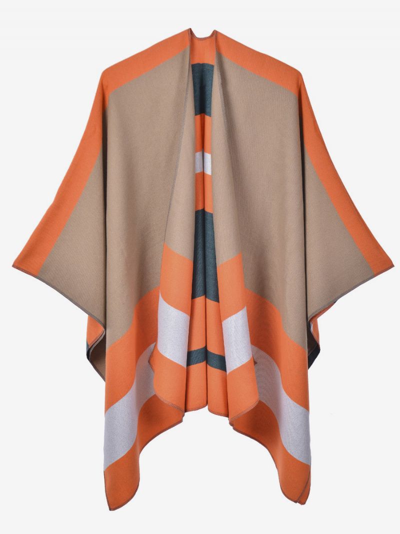 Oversized Kvinder Cape Stripes Color Block Efterår Vinter Poncho - Orange