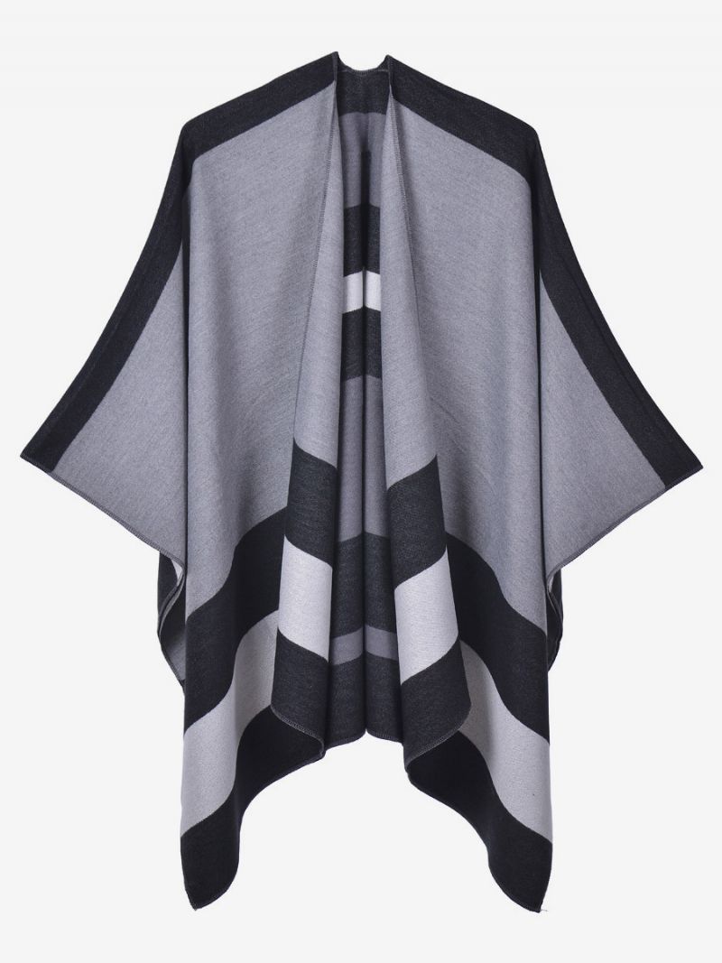 Oversized Kvinder Cape Stripes Color Block Efterår Vinter Poncho - Sort