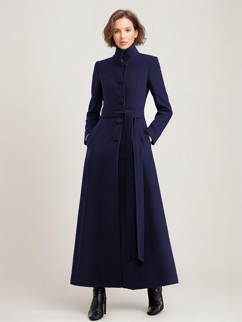 Overtøj Til Kvinder Sort Sash Winter Warm Wool Coat - Mørk Navy