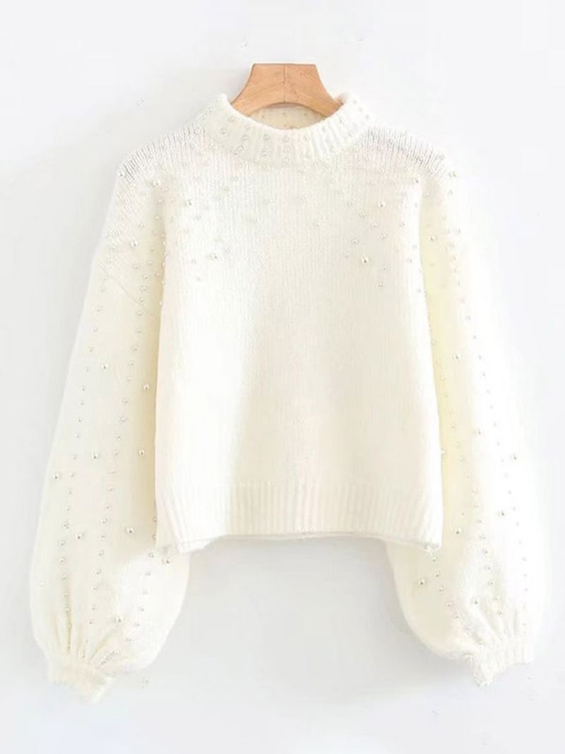 Pearl Pullover Drop Shoulder Lanterneærmer Sweatere Til Kvinder - Hvid