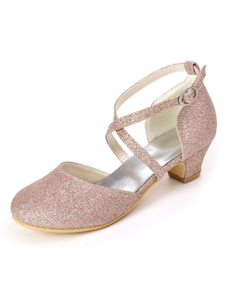 Piger Glitter Cross Strap Killingehæl Blomsterpigesko - Champagne