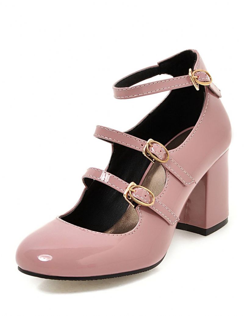 Pink Mid Heels Rund Toe Ankelstrop Mary Jane Sko Til Damer Vintage