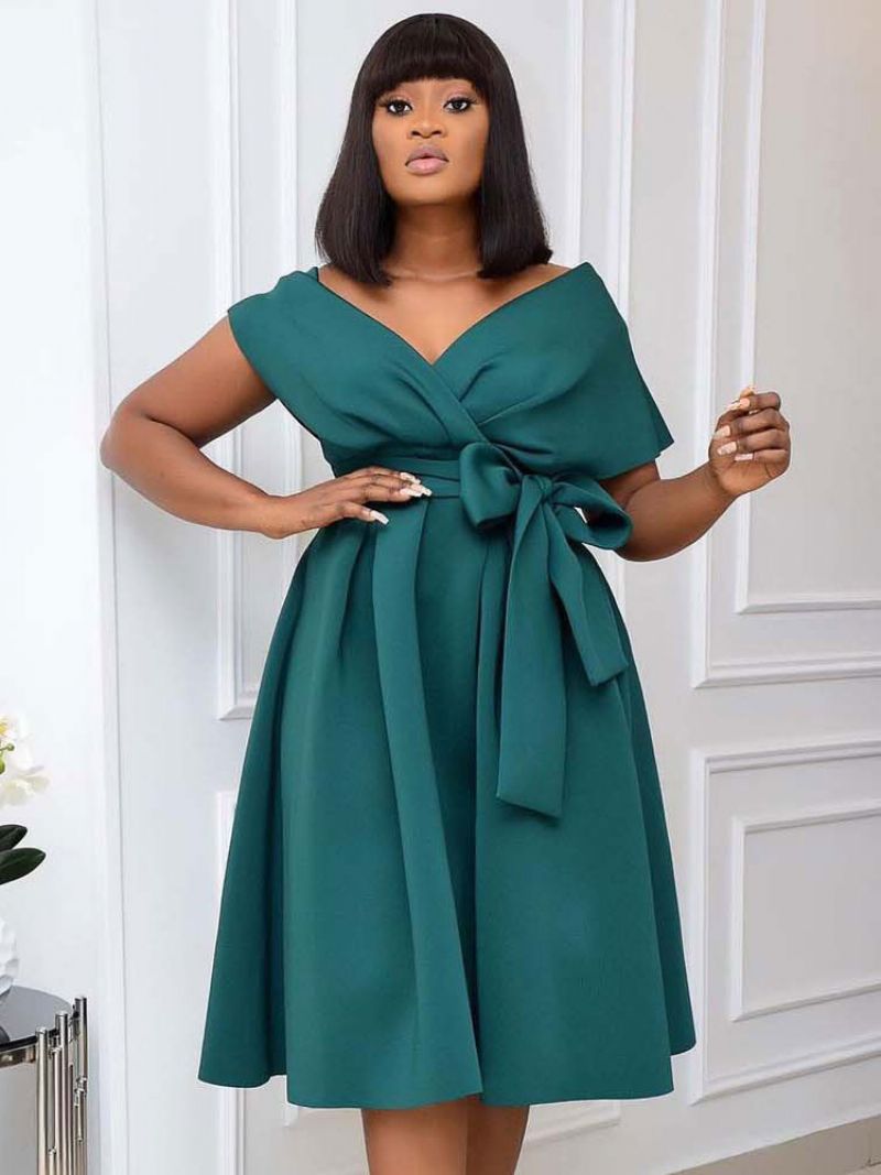 Plus Size Kjole Til Kvinder Bateau Neck Kortærmet Lycra Spandex Teal Midi