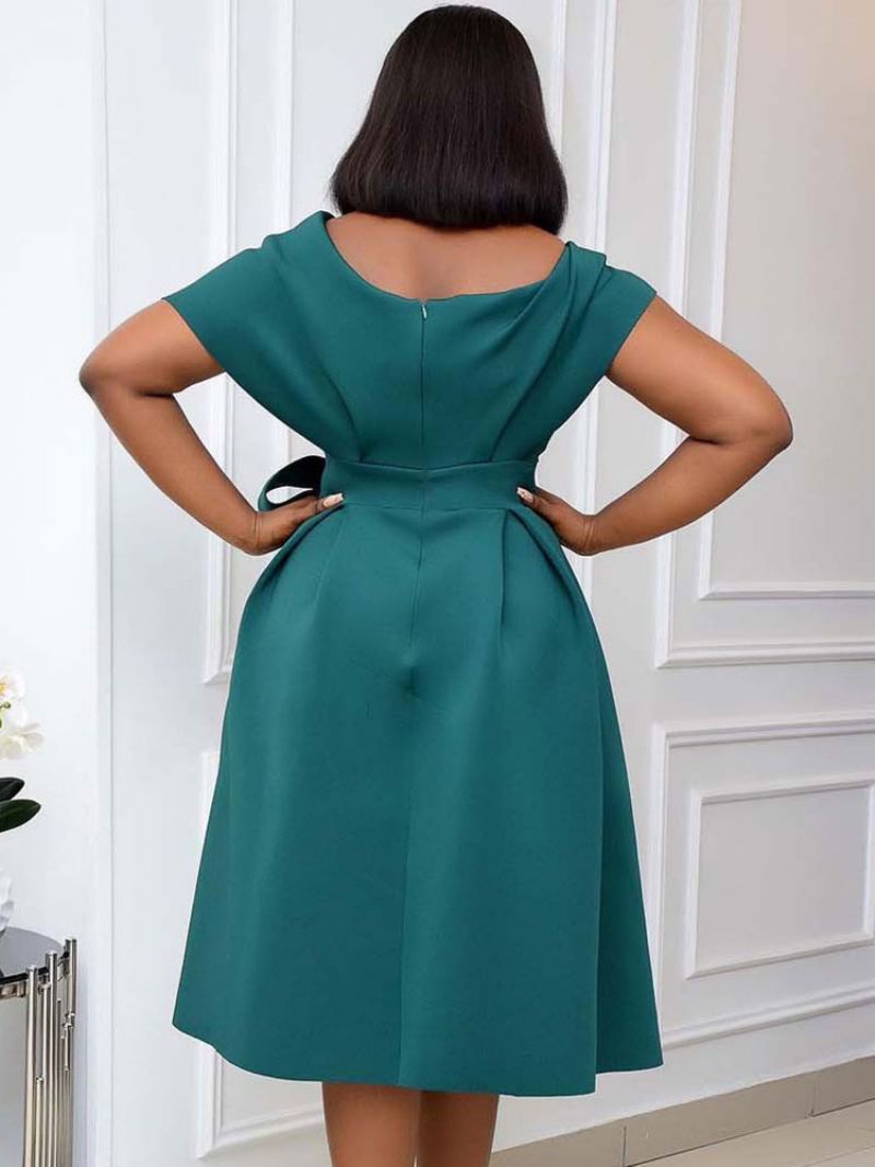 Plus Size Kjole Til Kvinder Bateau Neck Kortærmet Lycra Spandex Teal Midi - Blågrøn