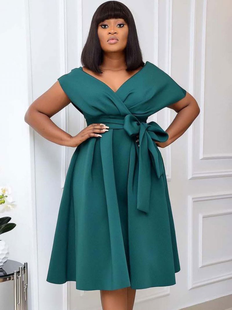 Plus Size Kjole Til Kvinder Bateau Neck Kortærmet Lycra Spandex Teal Midi - Blågrøn