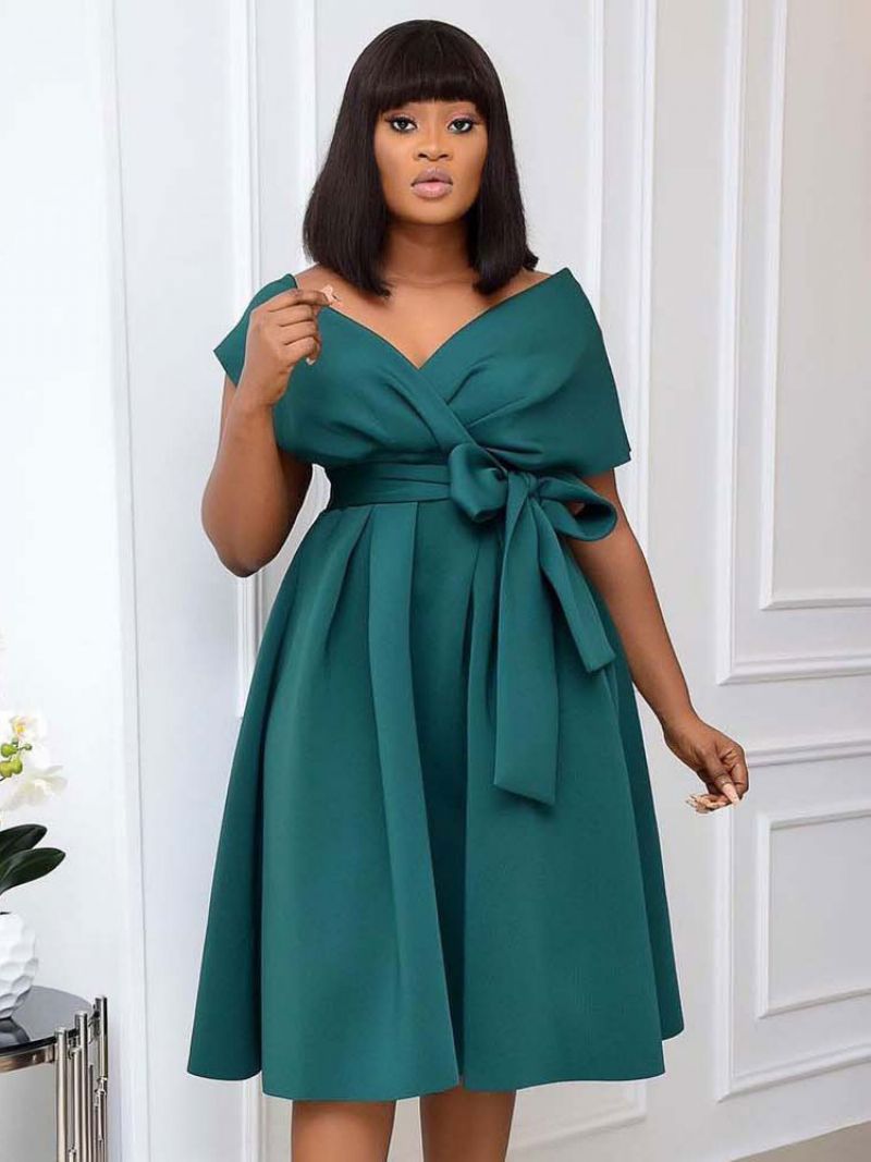 Plus Size Kjole Til Kvinder Bateau Neck Kortærmet Lycra Spandex Teal Midi - Blågrøn