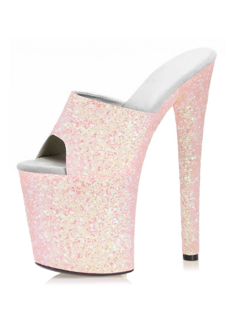 Pole Dance Sko Dame Sexet Glitter Eksotiske Hæle Platform Sky High Heels Mule I Pink