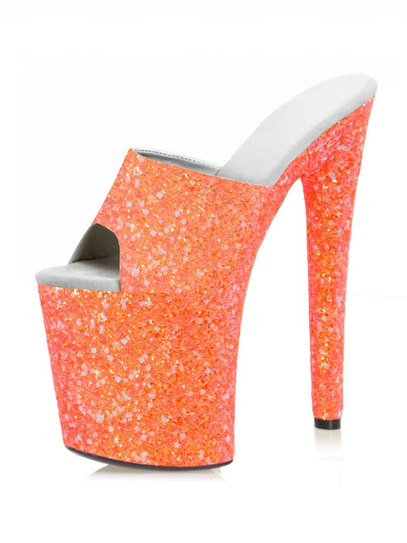 Pole Dance Sko Dame Sexet Glitter Eksotiske Hæle Platform Sky High Heels Mule I Pink - Orange Rød