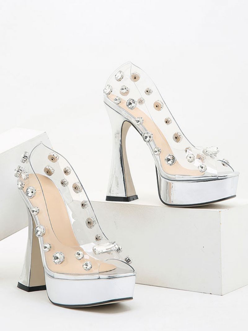 Pole Dance Sko Kvinder Sommer Støvler Høje Hæle Rhinestones Pokal Hæl Pvc Øvre Sheer Pumps - Sølv