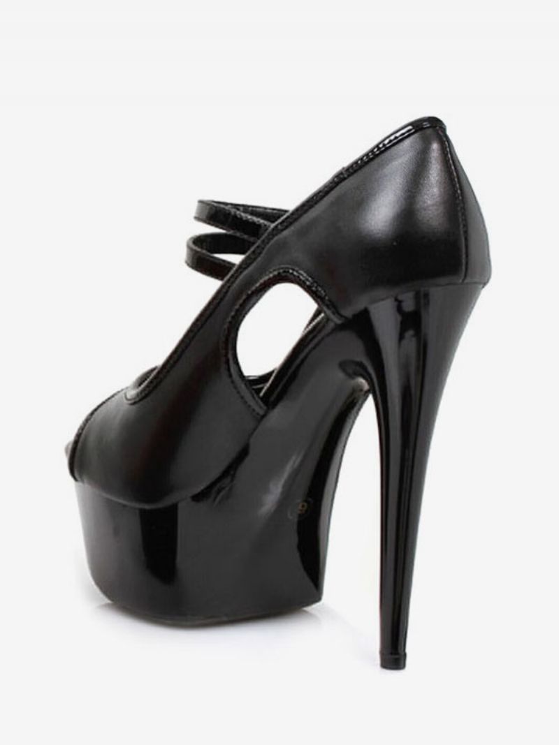 Pole Dance Sko Sexede Høje Hæle Kvinder Platform Peep Toe Spænde Detail Pumps Stripper - Sort