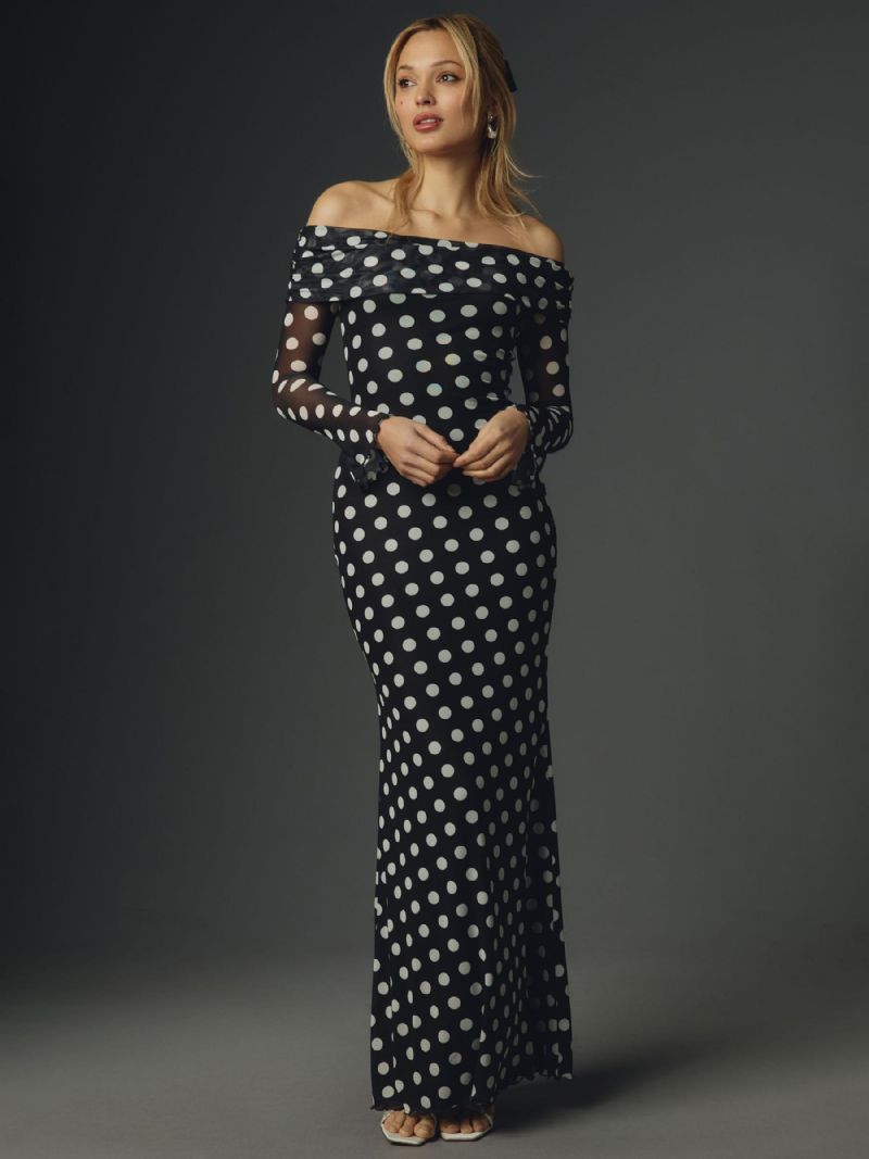 Polka Dot Lang Kjole Off-the-shoulder Lange Ærmer Chic Sommer Maxi Til Kvinder