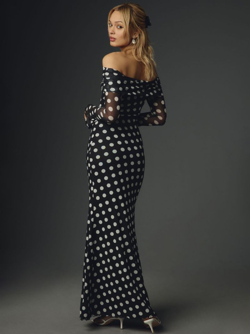 Polka Dot Lang Kjole Off-the-shoulder Lange Ærmer Chic Sommer Maxi Til Kvinder - Sort