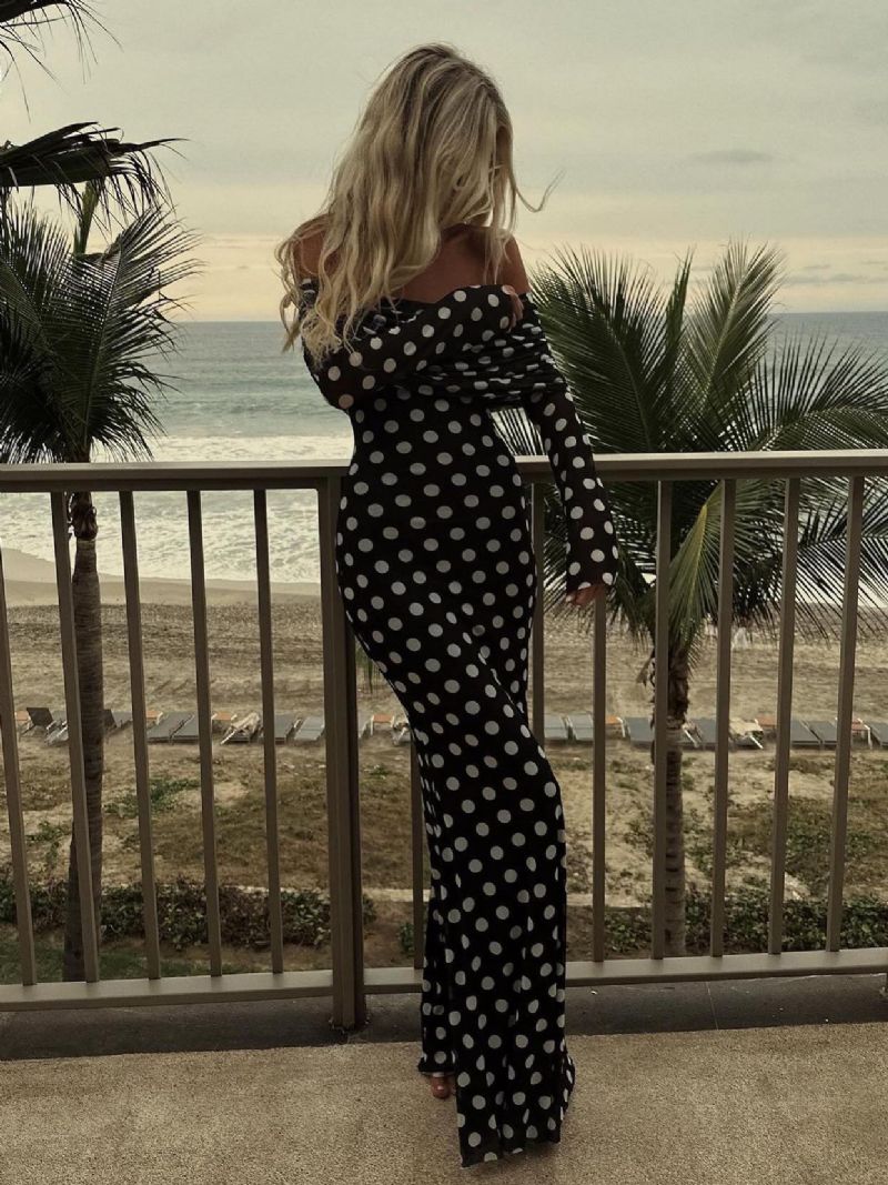 Polka Dot Lang Kjole Off-the-shoulder Lange Ærmer Chic Sommer Maxi Til Kvinder - Sort