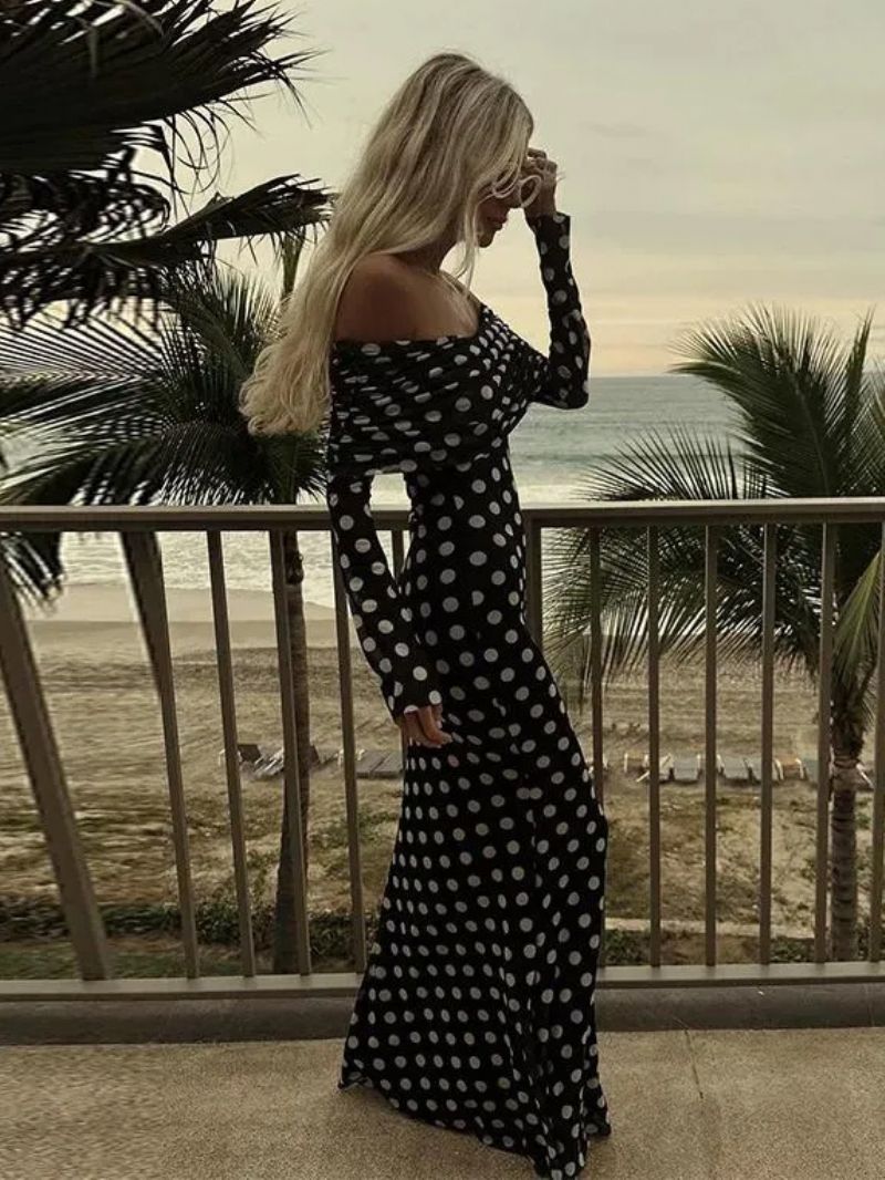 Polka Dot Lang Kjole Off-the-shoulder Lange Ærmer Chic Sommer Maxi Til Kvinder - Sort