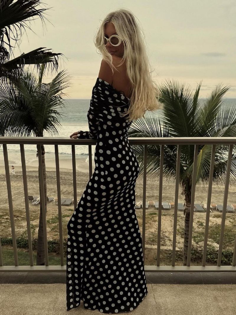 Polka Dot Lang Kjole Off-the-shoulder Lange Ærmer Chic Sommer Maxi Til Kvinder - Sort