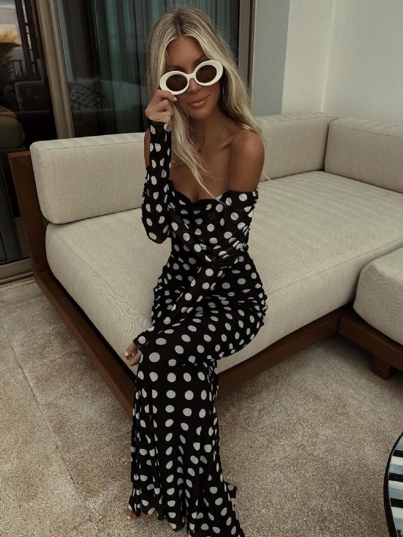 Polka Dot Lang Kjole Off-the-shoulder Lange Ærmer Chic Sommer Maxi Til Kvinder - Sort