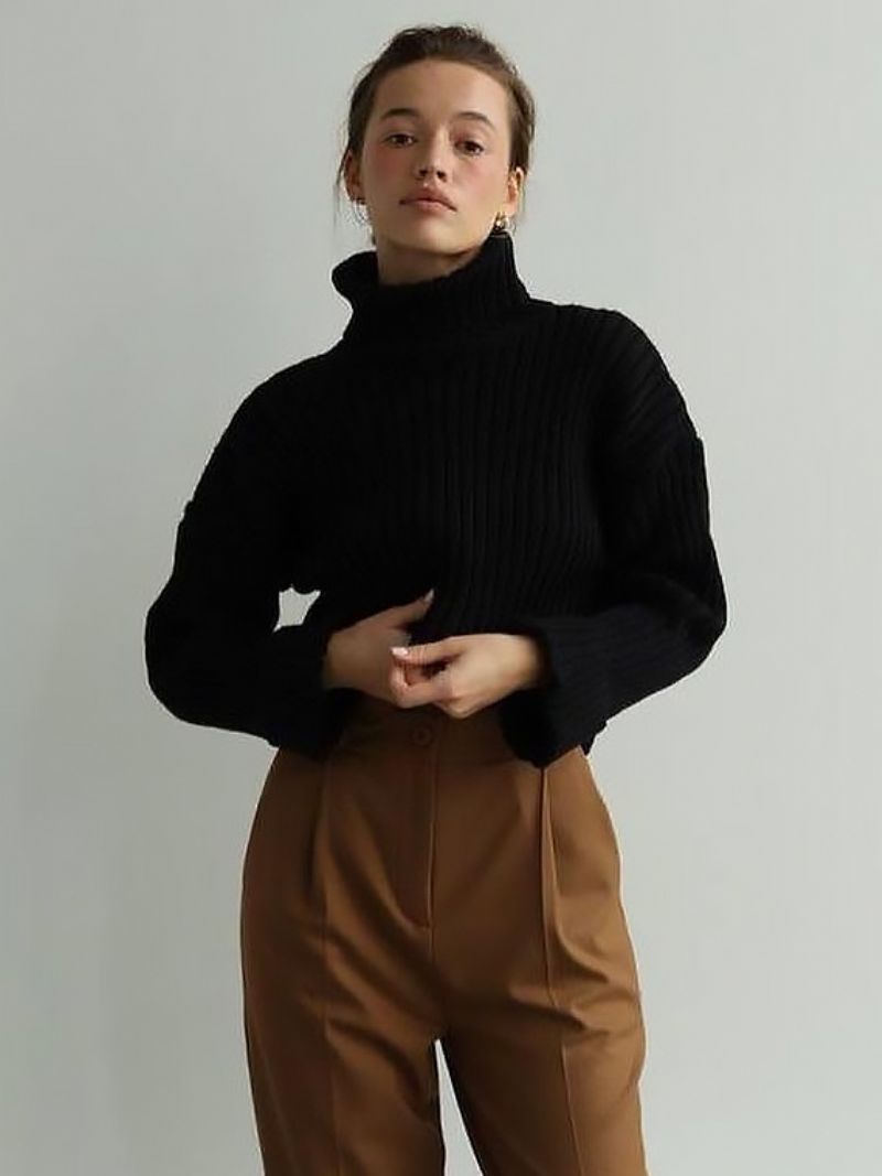 Polo Neck Sweater Drop Shoulder Ensfarvede Sweatere Til Kvinder