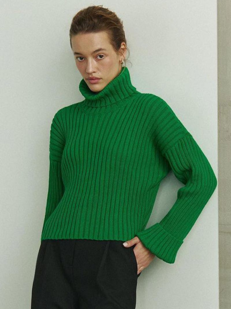 Polo Neck Sweater Drop Shoulder Ensfarvede Sweatere Til Kvinder - Grøn