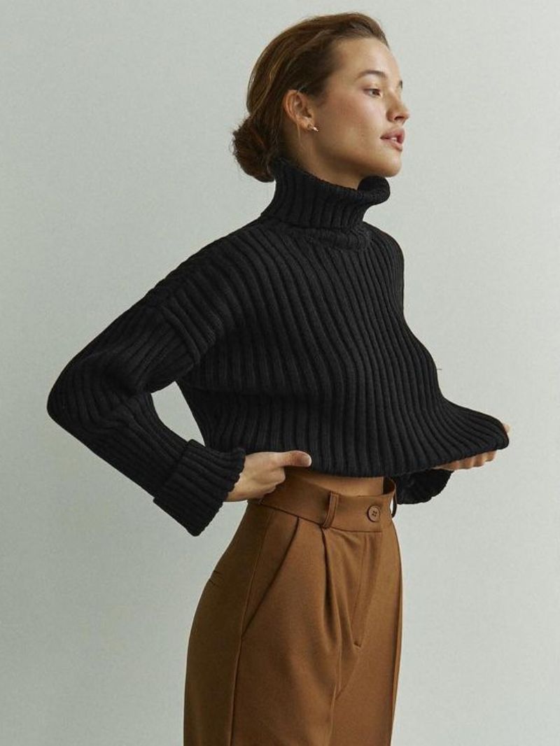 Polo Neck Sweater Drop Shoulder Ensfarvede Sweatere Til Kvinder - Sort