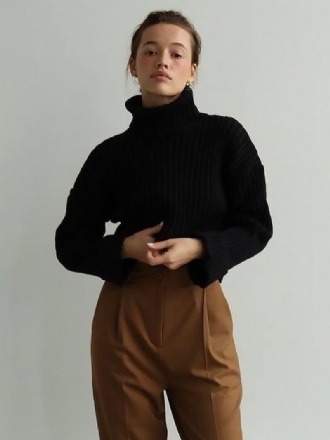 Polo Neck Sweater Drop Shoulder Ensfarvede Sweatere Til Kvinder