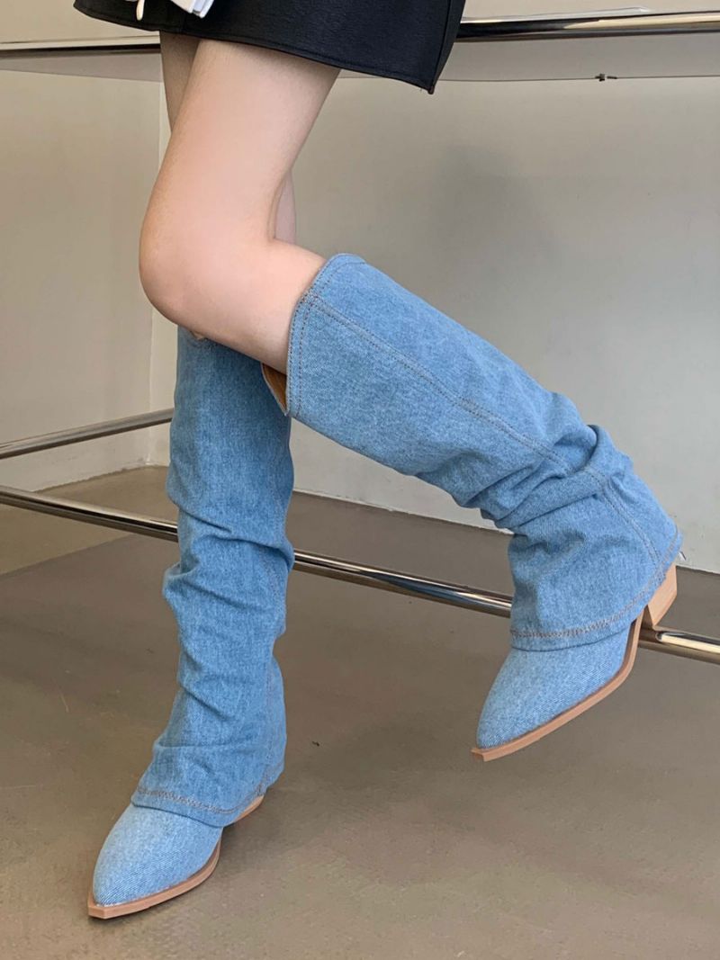 Polyester Spidstå Chunky Heel Mid Calf Støvler Til Kvinder - Lys Himmelblå