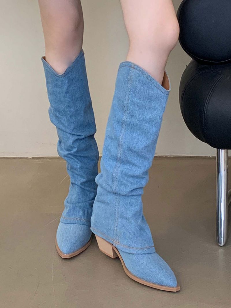 Polyester Spidstå Chunky Heel Mid Calf Støvler Til Kvinder - Lys Himmelblå