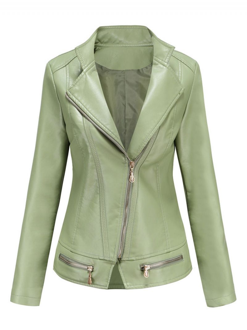 Pu Læder Moto Jacket Zip Up Spring Biker Overtøj Til Kvinder - Sage