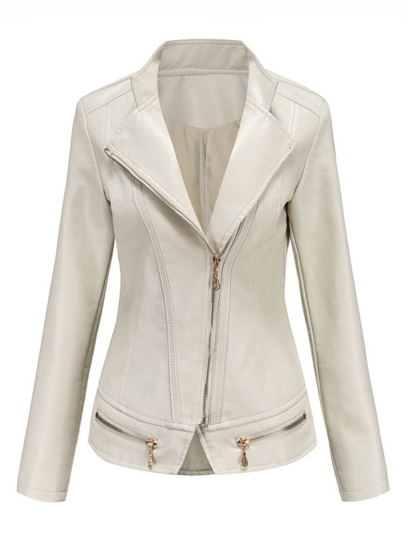 Pu Læder Moto Jacket Zip Up Spring Biker Overtøj Til Kvinder - Beige